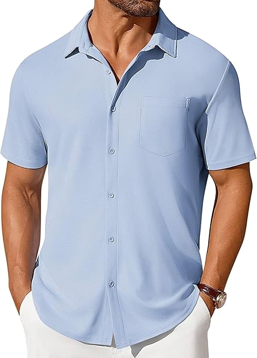 Men's short-sleeve button-up shirt by Ancient Energy, wrinkle- and crease-resistant fabric, shown in a casual fit.