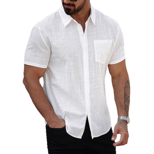 Men's short-sleeve cotton shirt with pocket by Ancient Energy, featuring a casual fit and classic design.