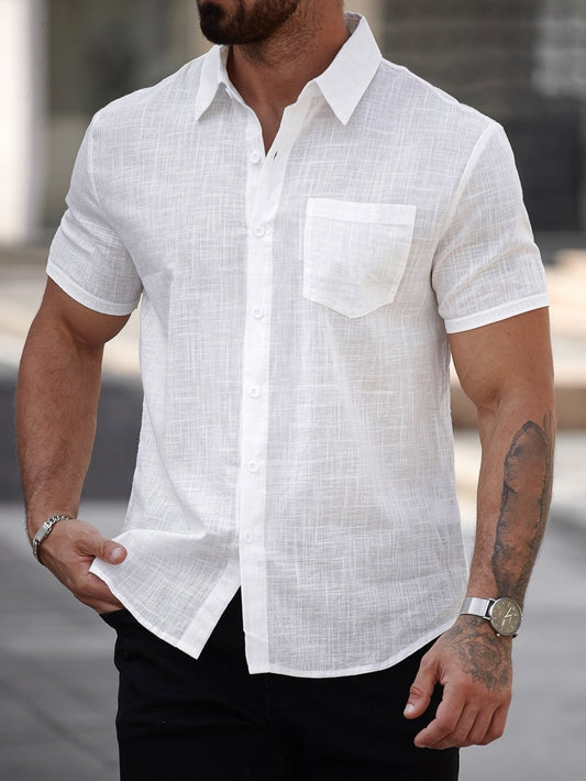 Men's short-sleeve cotton shirt with a chest pocket by Ancient Energy, featuring a classic fit and comfortable design.