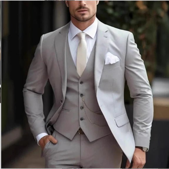 Mens slim-fit light luxury suit by Ancient Energy, tailored fit with sleek design, shown on a hanger.