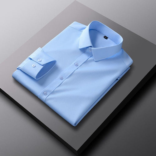 Men's slim-fit solid-color work shirt by Ancient Energy, showcasing a tailored design in a neutral fabric, suitable for professional wear.