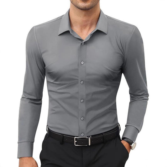 Men's slim-fit solid-color work shirt by Ancient Energy, featuring a classic design and tailored fit for professional wear.