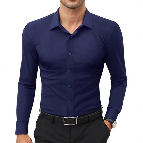 Men's slim-fit solid-color work shirt by Ancient Energy, featuring a tailored design and classic style.