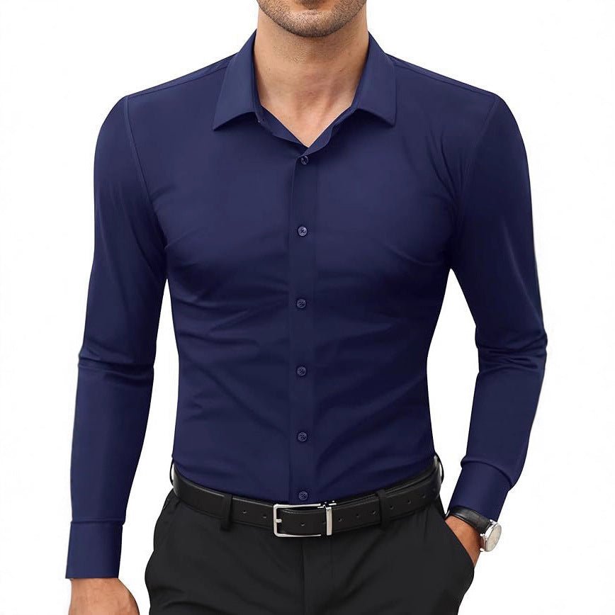 Men's slim-fit solid-color work shirt by Ancient Energy, featuring a tailored design and classic style.