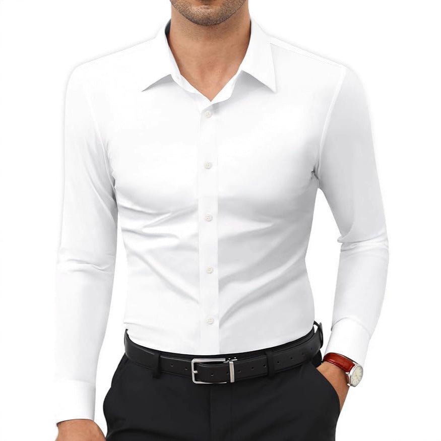 Men's slim-fit solid-color work shirt by Ancient Energy, featuring a classic design suitable for professional or casual wear.