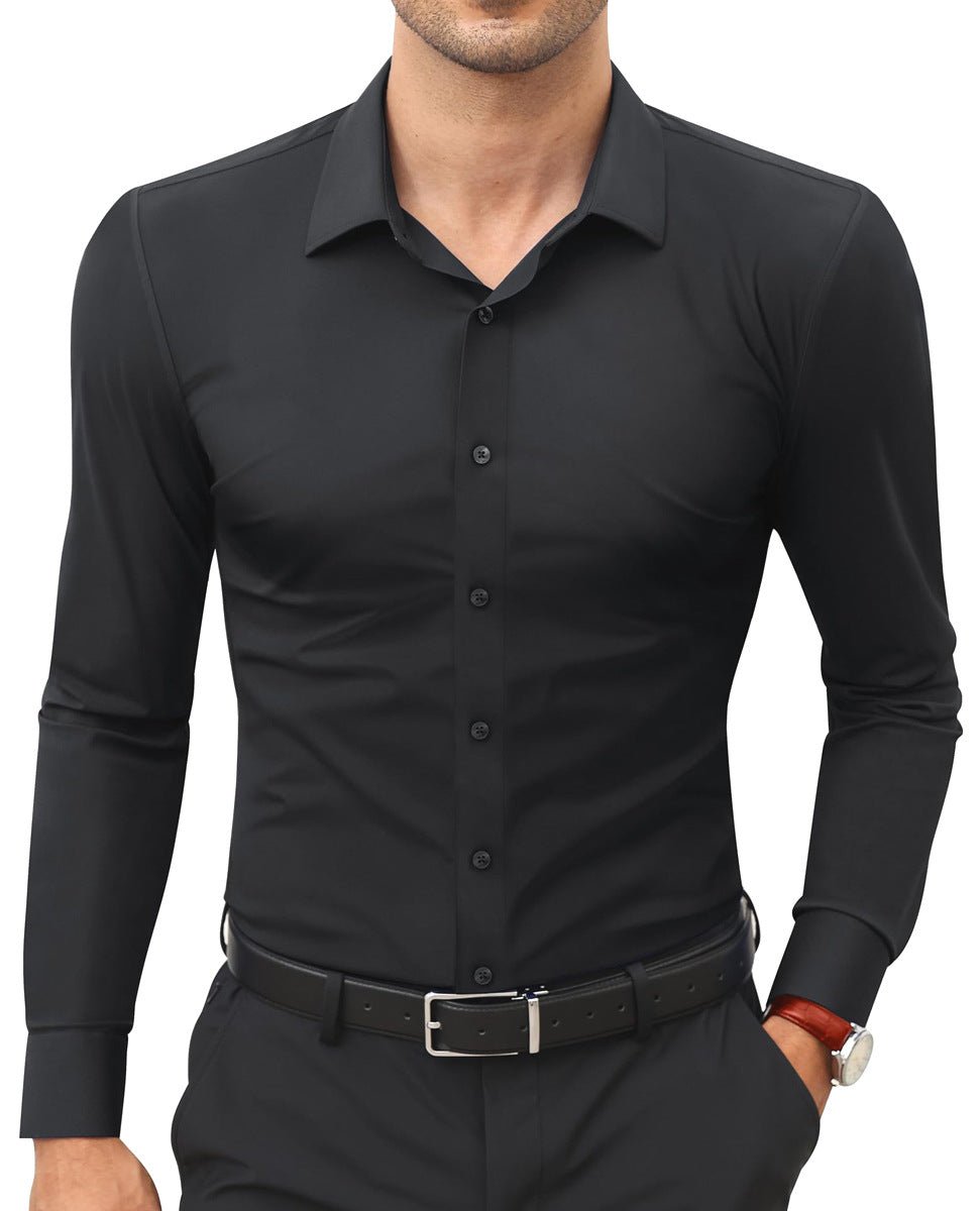 Men's slim-fit solid-color work shirt by Ancient Energy, showcasing a tailored design suitable for professional or casual wear.