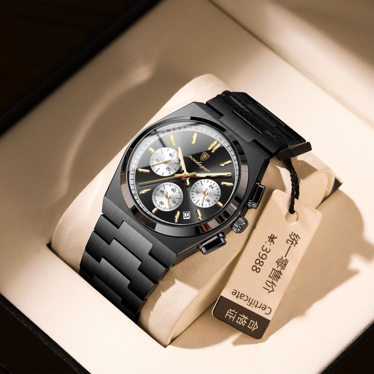 Ancient Energy men's waterproof multifunctional luminous ultra-thin watch showing digital display and sleek black strap.