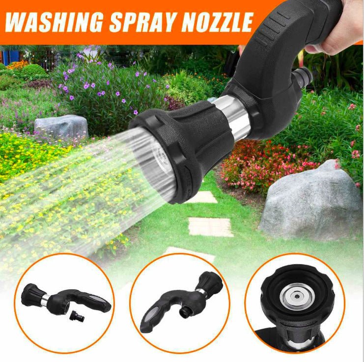 Ancient Energy Mighty Power Hose Blaster Nozzle for lawn, garden, and car washing, adjustable water spray in use.