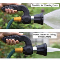 Ancient Energy Mighty Power Hose Blaster Nozzle for lawn, garden, and car washing, attached to a garden hose with water spraying out