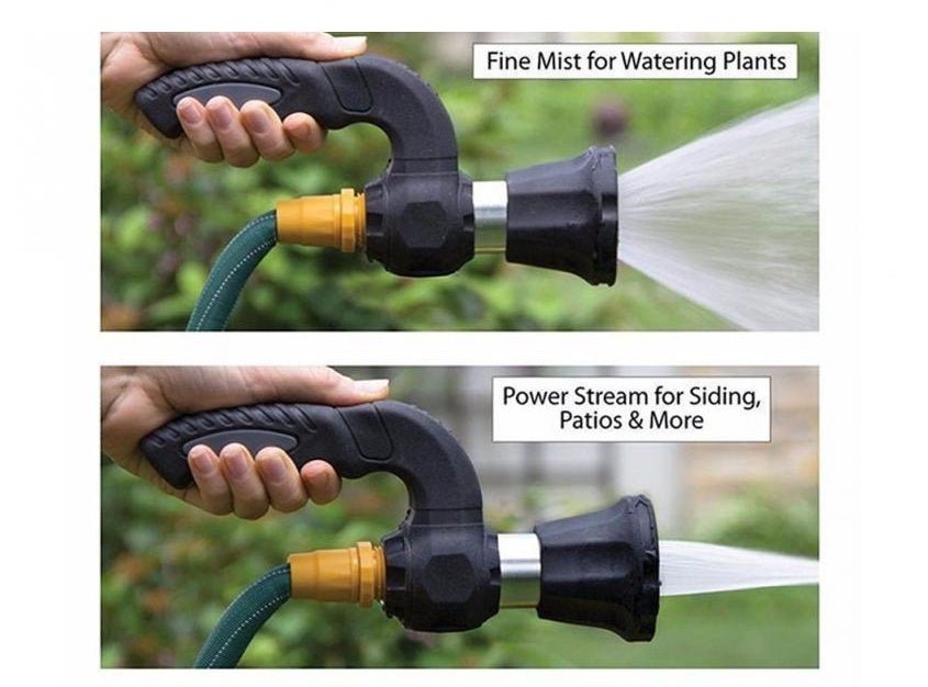 Ancient Energy Mighty Power Hose Blaster Nozzle for lawn, garden, and car washing, attached to a garden hose with water spraying out