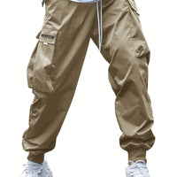 Ancient Energy men's multi-pocket cargo pants with drawstring waist, casual streetwear style, suitable for outdoor and sports activities.