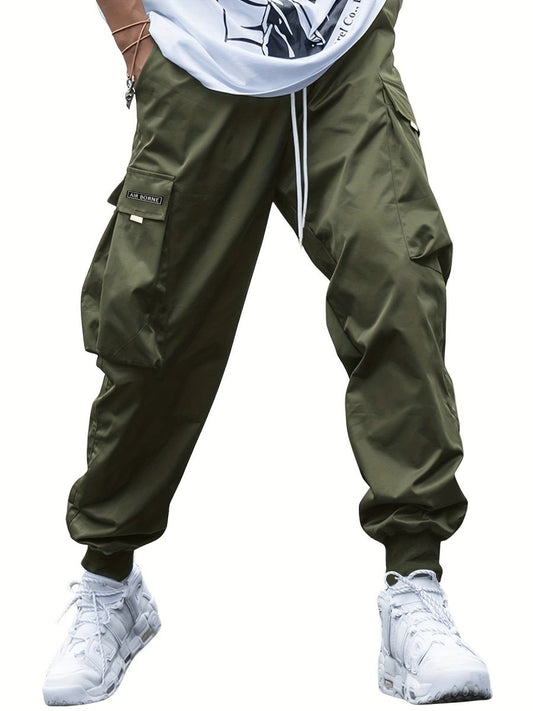 Ancient Energy men's multi-pocket cargo pants with drawstring waist, casual hip-hop style, outdoor streetwear sports trousers