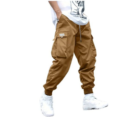 Ancient Energy men's multi-pocket cargo pants with drawstring, casual streetwear style, suitable for outdoor and sports activities.