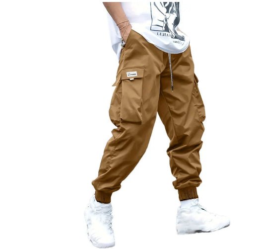 Ancient Energy men's multi-pocket cargo pants with drawstring, casual streetwear style, suitable for outdoor and sports activities.