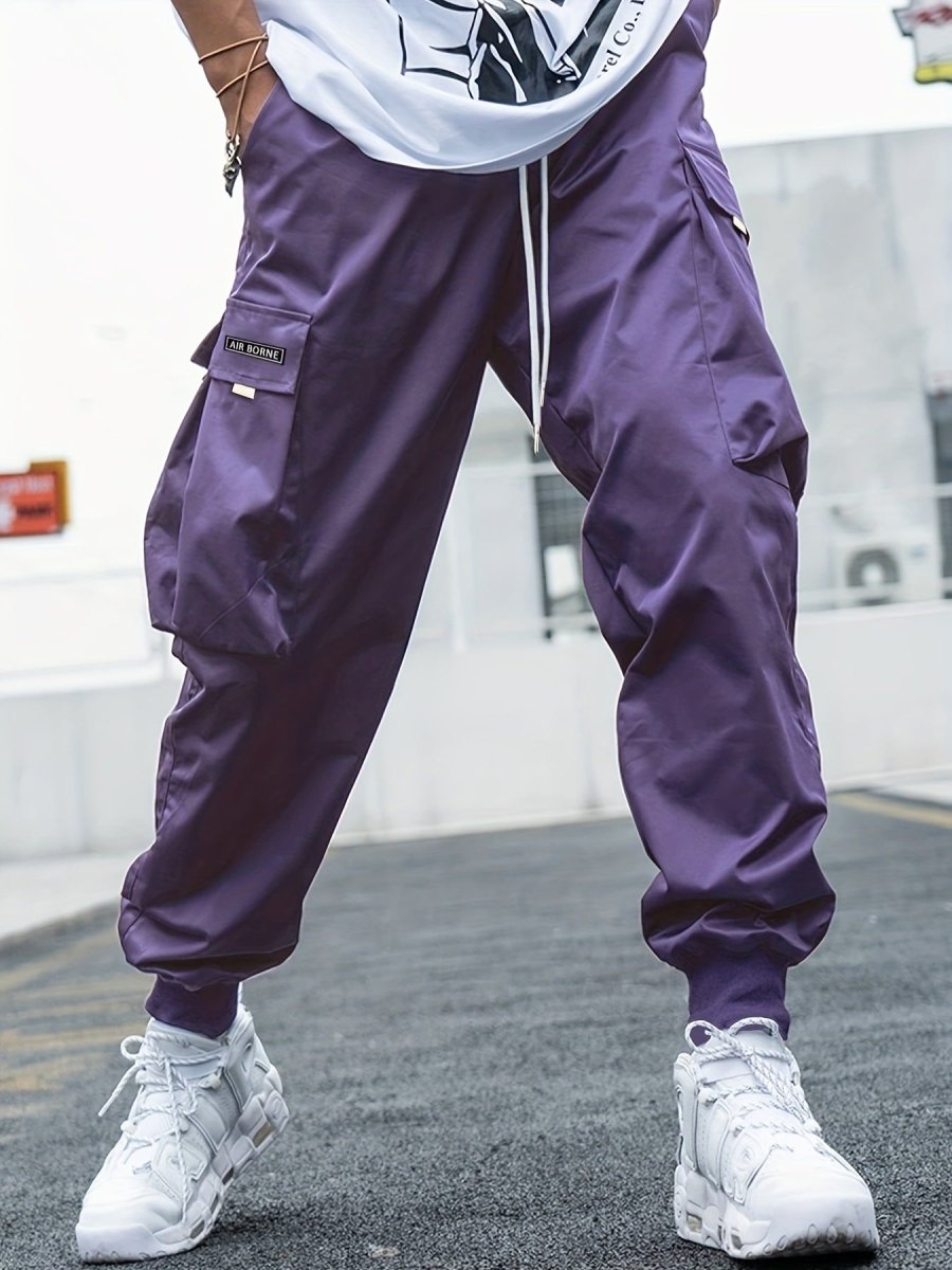Ancient Energy men's multi-pocket cargo pants with drawstring waist, casual hip-hop style, outdoor streetwear sports trousers.