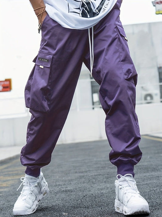 Ancient Energy men's multi-pocket cargo pants with drawstring waist, casual hip-hop style, outdoor streetwear sports trousers.