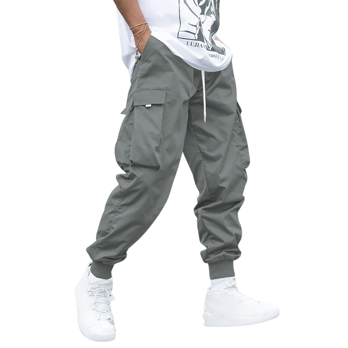 Ancient Energy men's multi-pocket cargo pants with drawstring waist, casual hip-hop style, outdoor streetwear and sports trousers.