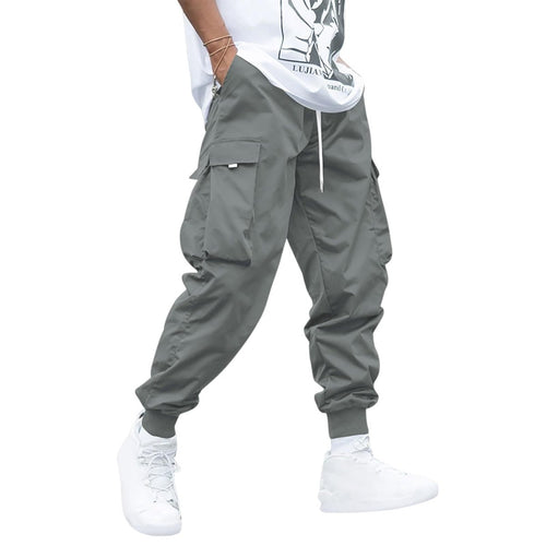 Ancient Energy men's multi-pocket cargo pants with drawstring waist, casual hip-hop style, outdoor streetwear and sports trousers.