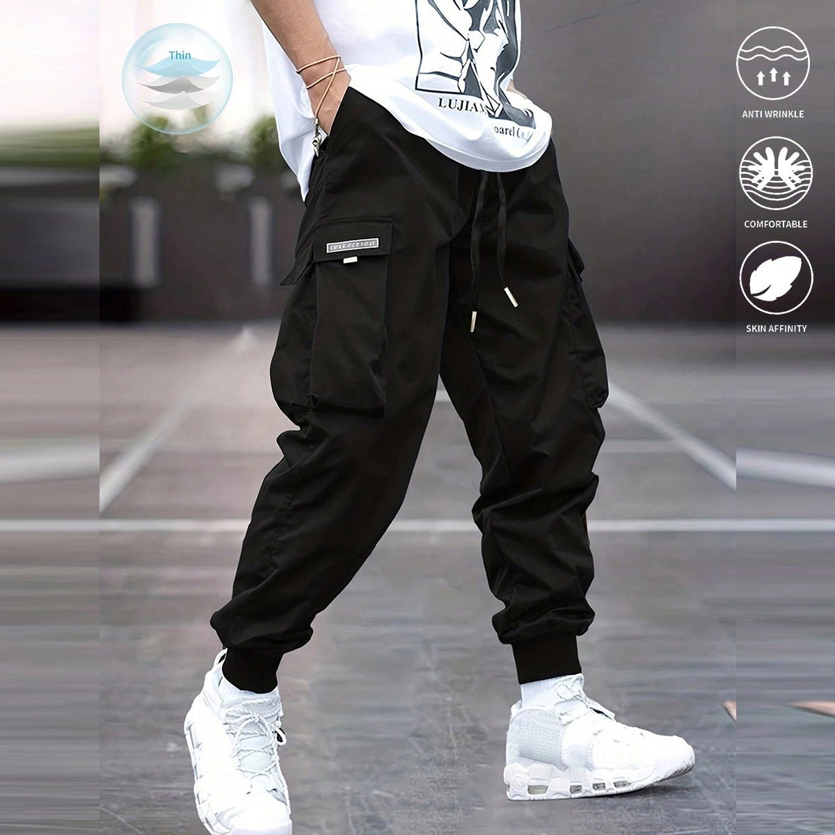 Men's cargo pants by Ancient Energy with multiple pockets, casual hip-hop style, drawstring waist, outdoor streetwear sports trousers.