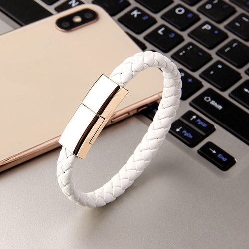 Ancient Energy bracelet USB charging cable for iPhone 14 and 13 Max, featuring a compact, bracelet-style design with USB-C and Micro USB connectors.