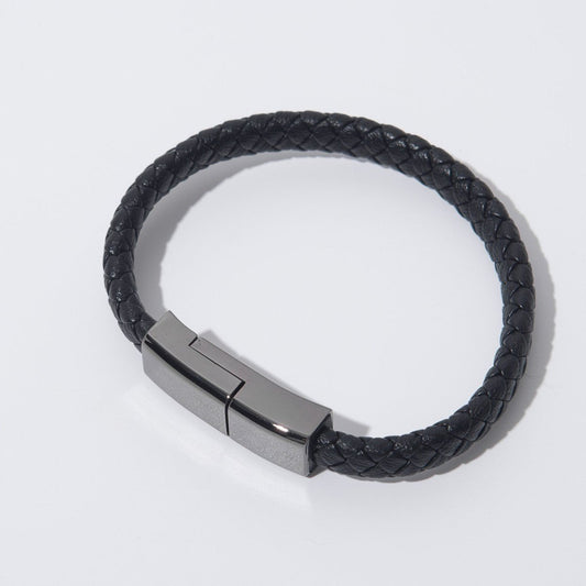 Ancient Energy bracelet-style USB charging cable for iPhone 14 and 13 Max, with USB-C and micro USB connectors.