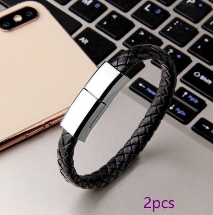 Ancient Energy bracelet-style USB charging cable for iPhone 14/13 Max, with USB-C and Micro USB connectors, flexible and portable.