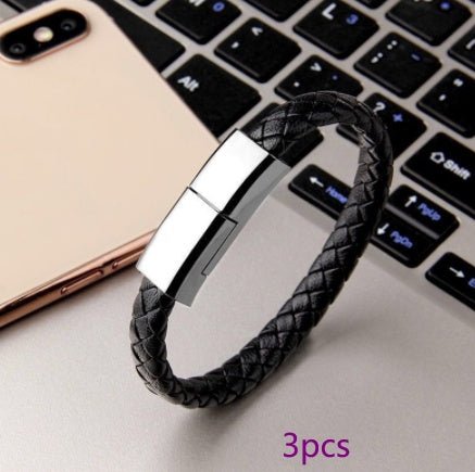 Ancient Energy bracelet-style USB charging cable for iPhone 14 and 13 Max, includes USB-C and micro USB connectors for data and power.
