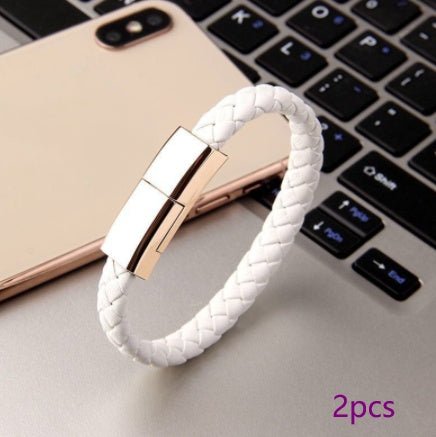 Ancient Energy bracelet-style USB charging cable for iPhone 14 and 13 Max, with USB-C and Micro USB connectors.