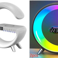 Ancient Energy G-shaped LED lamp with Bluetooth speaker, wireless charger, and app control, ideal for bedroom and home decor.