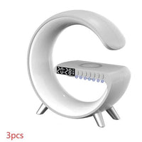 Ancient Energy G-shaped LED lamp with Bluetooth speaker, wireless charger, and app control, perfect for bedroom or home decor.
