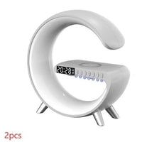 Ancient Energy G-shaped LED lamp with Bluetooth speaker, wireless charger, and app control, ideal for bedroom or home decor.