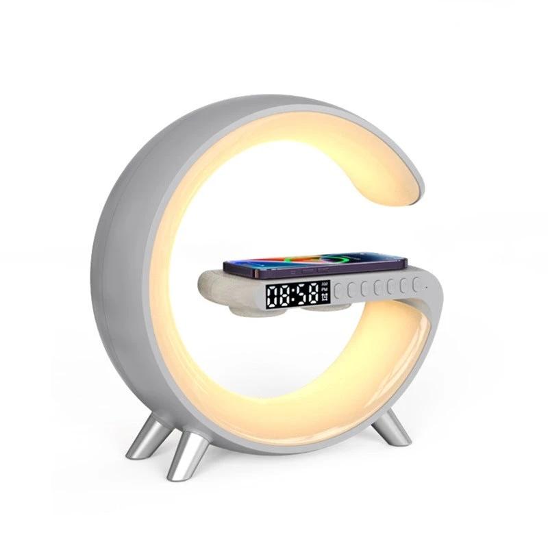 Ancient Energy G-shaped LED lamp with Bluetooth speaker, wireless charger, and app control, perfect for bedroom or home decor.