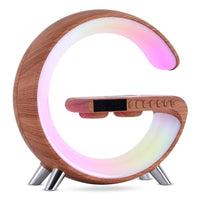 Ancient Energy G-shaped LED lamp with Bluetooth speaker, wireless charger, app control, ideal for bedroom or home decor.