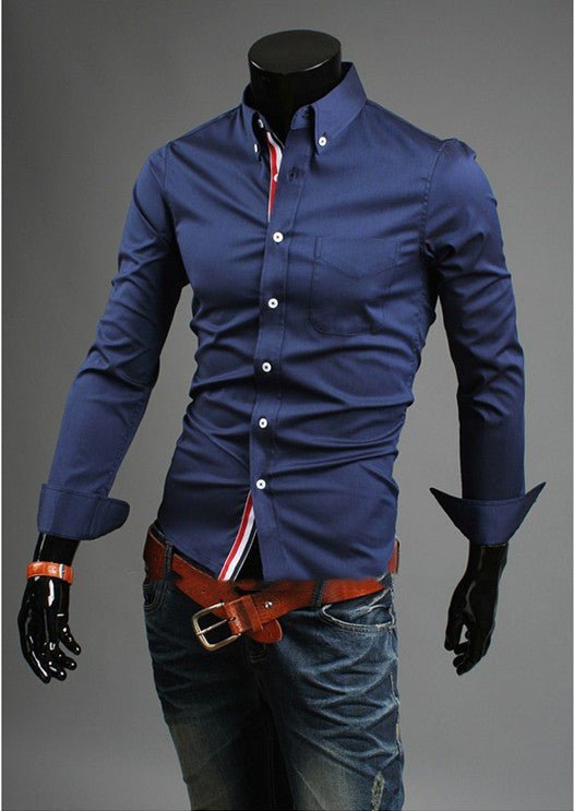 Men's long-sleeved shirt from Ancient Energy featuring a casual fit and classic design, displayed on a hanger.
