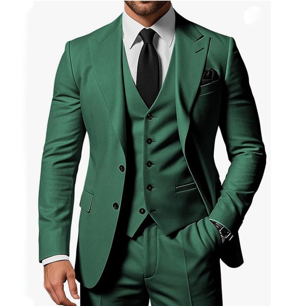 Elegant men's three-piece business suit by Ancient Energy, featuring a tailored jacket, vest, and matching trousers in classic style.