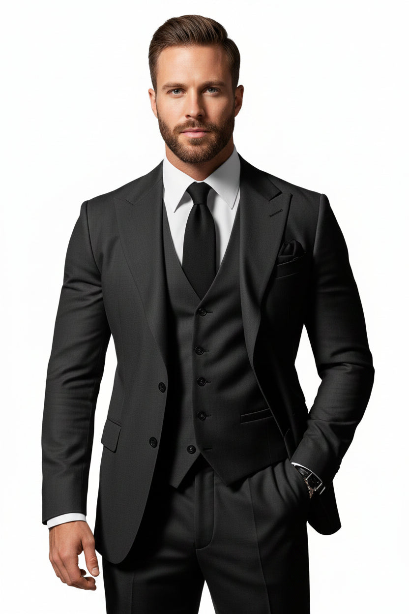 Ancient Energy men's three-piece business suit, tailored fit with jacket, vest, and trousers, in classic dark color for professional wear.