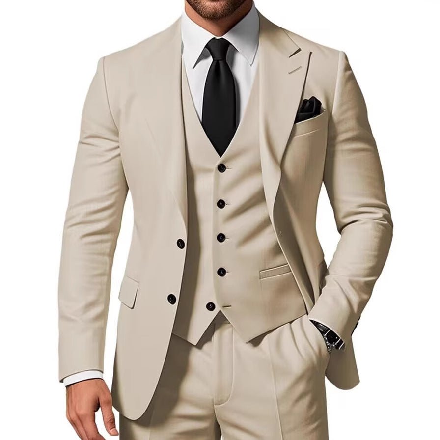 Elegant men's three-piece business suit by Ancient Energy, featuring a tailored jacket, vest, and matching trousers.
