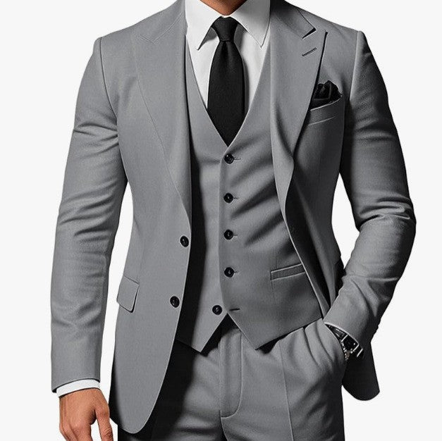 Elegant men's three-piece business suit by Ancient Energy, featuring a tailored jacket, vest, and matching trousers.