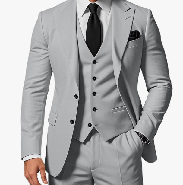 Elegant men's three-piece business suit by Ancient Energy, featuring a jacket, vest, and trousers in classic dark fabric.