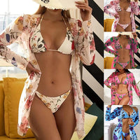 Ancient Energy women's printed mesh three-piece swimsuit with blouse, featuring colorful patterns and lightweight fabric for beachwear.
