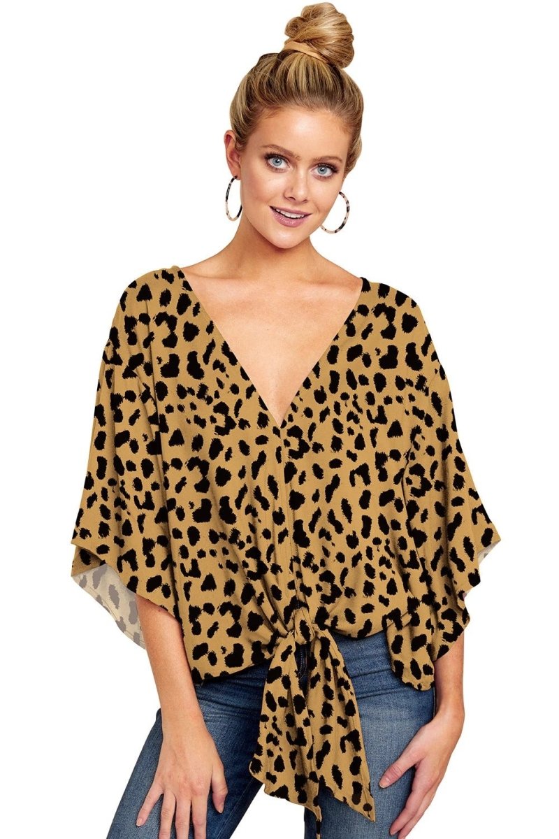 Ancient Energy women's V-neck blouse with leopard print, floral tie front, batwing sleeves, and oversized fit for summer wear.