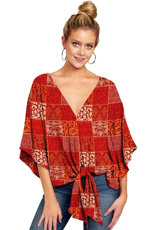 Ancient Energy women's V-neck blouse with leopard print, floral design, tie-front, batwing sleeves, and oversized fit.