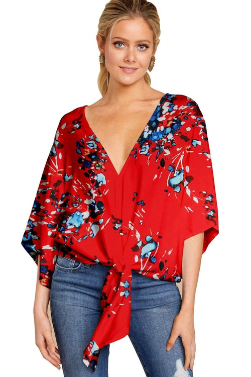 Ancient Energy women's V-neck blouse with leopard print, floral pattern, tie front, batwing sleeves, oversized summer top.