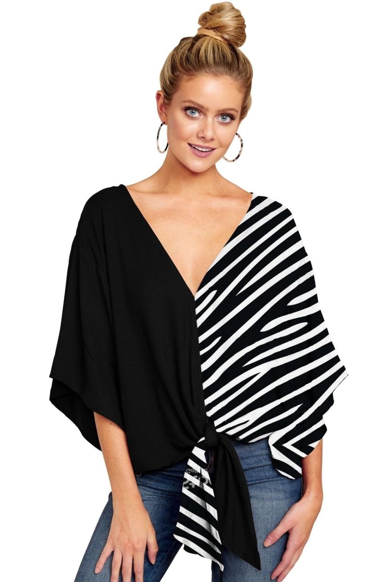 Ancient Energy women's V-neck blouse with leopard and floral print, tie-front, batwing sleeves, and oversized fit for summer.