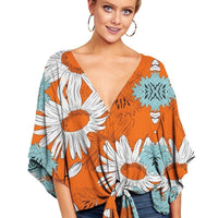 Ancient Energy women's V-neck blouse with leopard print, floral design, tie-front, batwing sleeves, and oversized fit for summer.