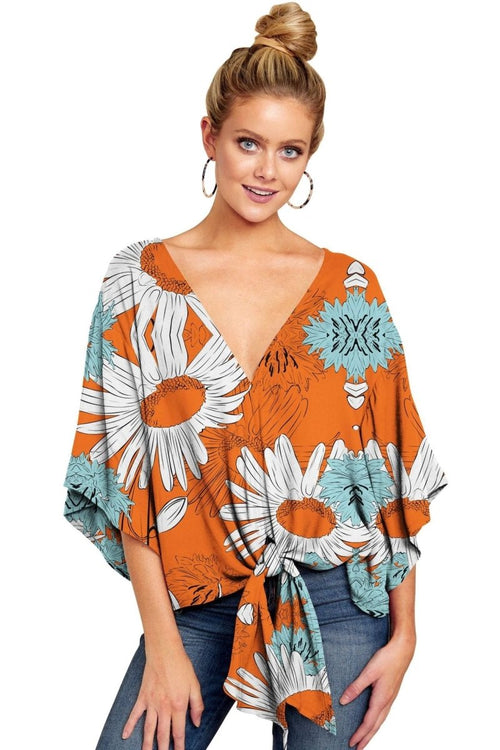 Ancient Energy women's V-neck blouse with leopard print, floral design, tie-front, batwing sleeves, and oversized fit for summer.