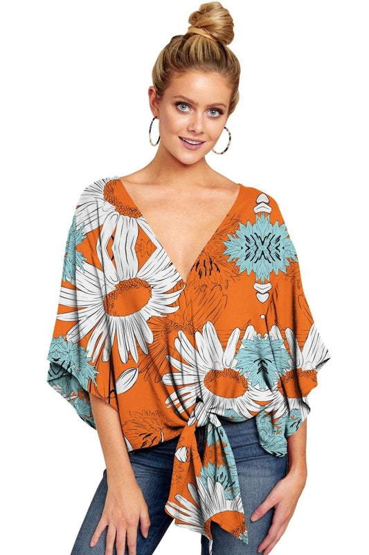 Ancient Energy women's V-neck blouse with leopard print, floral design, tie-front, batwing sleeves, and oversized fit for summer.