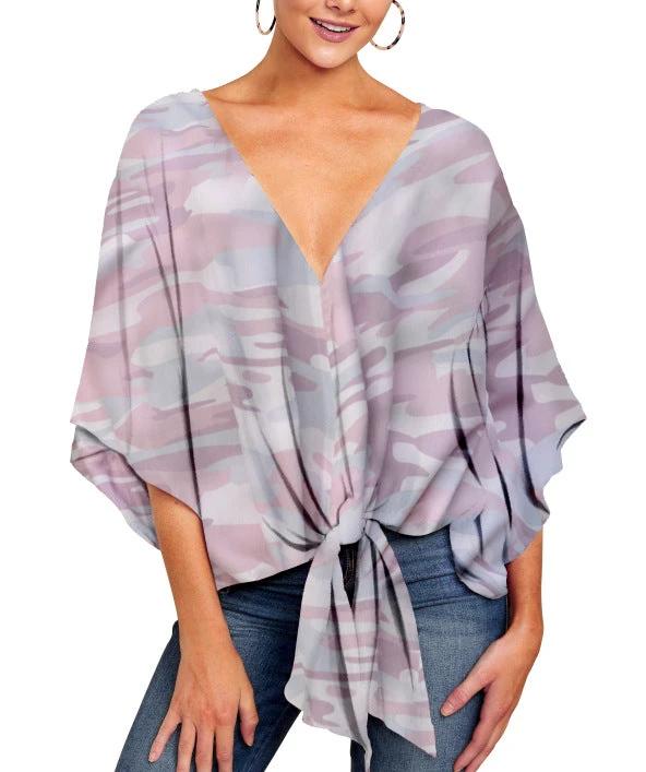 Ancient Energy women's V-neck blouse with leopard and floral print, tie-front, batwing sleeves, oversized summer top.