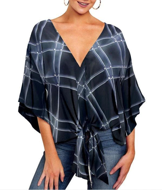 Ancient Energy women's V-neck blouse with leopard print, floral tie front, batwing sleeves, and oversized fit for summer.