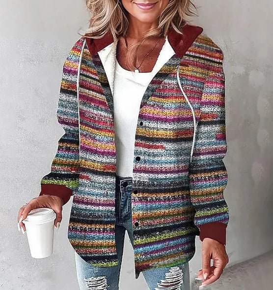 Ancient Energy plaid hooded jacket for women, casual autumn and winter coat with button pockets and stylish design.
